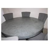 Round Metal Dining Table with 6 Upholstered Gray Chairs