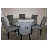 Round Metal Dining Table with 6 Upholstered Gray Chairs