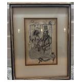 Framed Pen and Ink Drawing Signed by Artist 1976, 12.5 x 16 in
