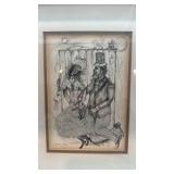 Framed Pen and Ink Drawing Signed by Artist 1976, 12.5 x 16 in