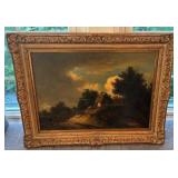 Antique Framed Landscape Oil Painting with Cottage Scene, 28 x 21.5 in