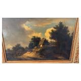Antique Framed Landscape Oil Painting with Cottage Scene, 28 x 21.5 in