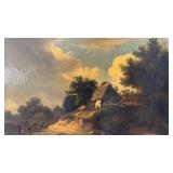 Antique Framed Landscape Oil Painting with Cottage Scene, 28 x 21.5 in