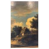 Antique Framed Landscape Oil Painting with Cottage Scene, 28 x 21.5 in