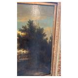 Antique Framed Landscape Oil Painting with Cottage Scene, 28 x 21.5 in