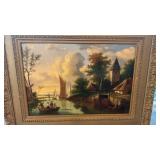 Framed Landscape Oil Painting with Ornate Frame, 28.5 x 22 Inches