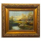 Original Framed Oil Painting by A. Reali - Sheep Landscape, 26 x 30 in