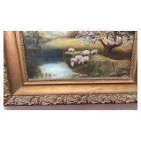 Original Framed Oil Painting by A. Reali - Sheep Landscape, 26 x 30 in