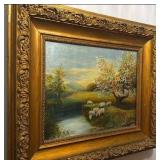 Original Framed Oil Painting by A. Reali - Sheep Landscape, 26 x 30 in