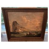 Unsigned 24x20 Framed Vintage Maritime Oil Painting with Boats