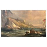 Unsigned 24x20 Framed Vintage Maritime Oil Painting with Boats
