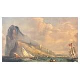 Unsigned 24x20 Framed Vintage Maritime Oil Painting with Boats