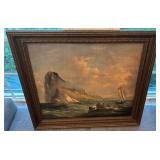 Unsigned 24x20 Framed Vintage Maritime Oil Painting with Boats