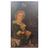 Vintage Framed Oil Painting of Boy Blowing Bubbles 35.5 x 26.5 Unsigned