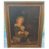 Vintage Framed Oil Painting of Boy Blowing Bubbles 35.5 x 26.5 Unsigned