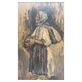Framed Oil Painting of Woman with Basket Signed by Artist