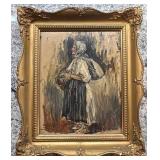 Framed Oil Painting of Woman with Basket Signed by Artist