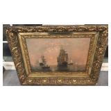 Signed Framed Maritime Oil Painting with Ships, 18 x 12 Art in 23.5 x 17.5 Ornate Frame