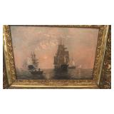 Signed Framed Maritime Oil Painting with Ships, 18 x 12 Art in 23.5 x 17.5 Ornate Frame