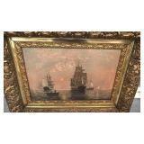 Signed Framed Maritime Oil Painting with Ships, 18 x 12 Art in 23.5 x 17.5 Ornate Frame