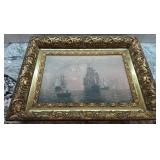 Signed Framed Maritime Oil Painting with Ships, 18 x 12 Art in 23.5 x 17.5 Ornate Frame