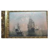 Signed Framed Maritime Oil Painting with Ships, 18 x 12 Art in 23.5 x 17.5 Ornate Frame