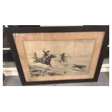 Framed Western Artwork with Cowboys and Cattle, 26 x 19 Inches