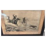 Framed Western Artwork with Cowboys and Cattle, 26 x 19 Inches