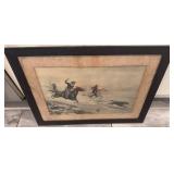 Framed Western Artwork with Cowboys and Cattle, 26 x 19 Inches