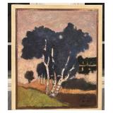 Framed Signed Landscape Oil Painting of Birch Trees