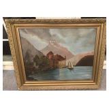 Framed Lake Castle Oil Painting with Sailboats, 19.5 x 15.5 in, Unsigned
