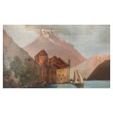Framed Lake Castle Oil Painting with Sailboats, 19.5 x 15.5 in, Unsigned