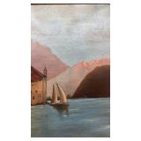 Framed Lake Castle Oil Painting with Sailboats, 19.5 x 15.5 in, Unsigned