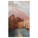Framed Lake Castle Oil Painting with Sailboats, 19.5 x 15.5 in, Unsigned