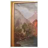 Framed Lake Castle Oil Painting with Sailboats, 19.5 x 15.5 in, Unsigned
