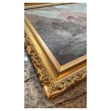 Framed Lake Castle Oil Painting with Sailboats, 19.5 x 15.5 in, Unsigned