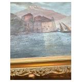Framed Lake Castle Oil Painting with Sailboats, 19.5 x 15.5 in, Unsigned
