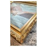 Framed Lake Castle Oil Painting with Sailboats, 19.5 x 15.5 in, Unsigned