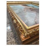 Framed Lake Castle Oil Painting with Sailboats, 19.5 x 15.5 in, Unsigned