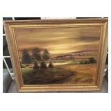 Framed 22x28 Signed Landscape Oil Painting with Ornate Gold Frame