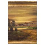 Framed 22x28 Signed Landscape Oil Painting with Ornate Gold Frame