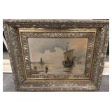 Framed Seaside Painting with Fishing Boats and Figures, 18 x 14 1/2 in, Damaged Frame