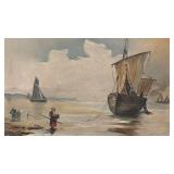 Framed Seaside Painting with Fishing Boats and Figures, 18 x 14 1/2 in, Damaged Frame