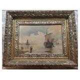 Framed Seaside Painting with Fishing Boats and Figures, 18 x 14 1/2 in, Damaged Frame