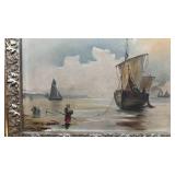 Framed Seaside Painting with Fishing Boats and Figures, 18 x 14 1/2 in, Damaged Frame