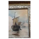 Framed Seaside Painting with Fishing Boats and Figures, 18 x 14 1/2 in, Damaged Frame