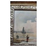 Framed Seaside Painting with Fishing Boats and Figures, 18 x 14 1/2 in, Damaged Frame