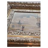 Framed Seaside Painting with Fishing Boats and Figures, 18 x 14 1/2 in, Damaged Frame