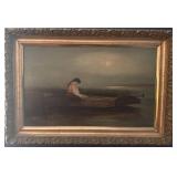 Framed Antique Oil Painting of Woman by Water, Unsigned, 19.5 x 12.5 in