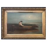 Framed Antique Oil Painting of Woman by Water, Unsigned, 19.5 x 12.5 in